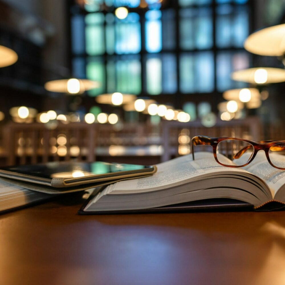 An open book on a desk in a library