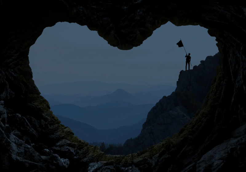 Image of an open view from inside a cave